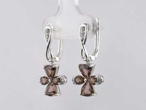 14 KT White Gold Earring With 2.21 Cts Natural Diamond and Smoky Quartz