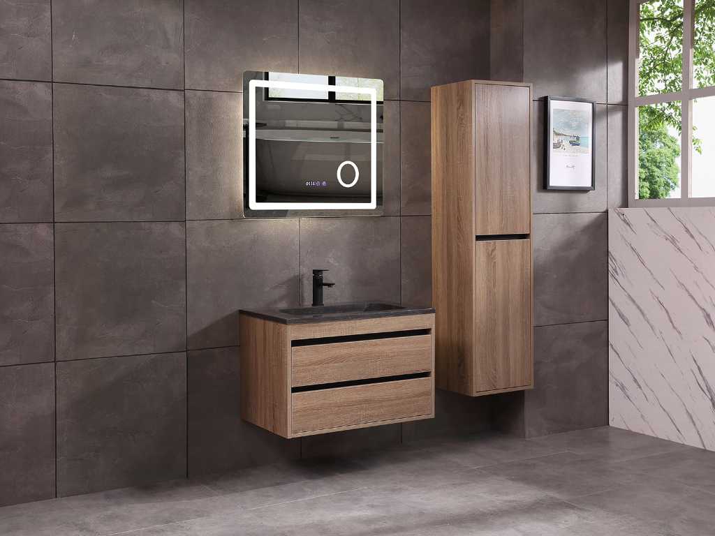 Meubles de salle de bain 1 personne 80cm (chêne brun ou blanc mat) avec (armoire) et diverses combinaisons de lavabos
