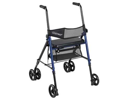 Foldable walker with seat and bag, height adjustable in 8 positions