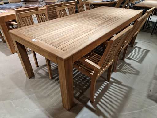 Table de jardin en teck en diamant fixe 240 x 100 cm Lever du soleil avec pieds en bloc 