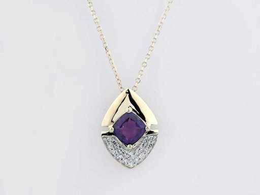 14 KT Yellow Gold Necklace with Pendant With Natural Diamond and Amethyst