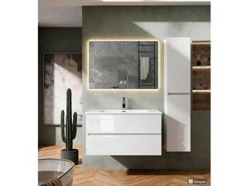 Ensemble de meubles de salle de bain 80 cm, meuble de base, lavabo, miroir à LED, colonne d’armoire, blanc brillant