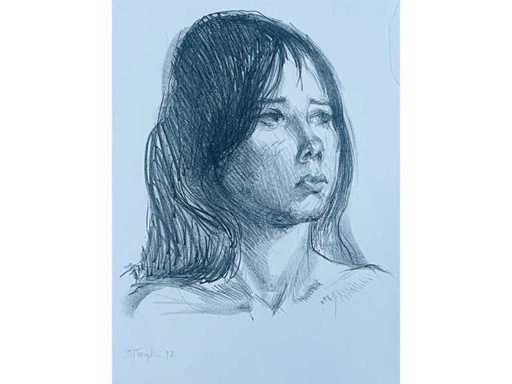 Illegible drawing - portrait of a girl - lithograph