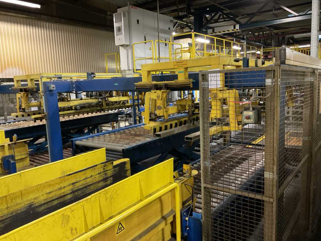 Double destacking station with chain and roller conveyors complex