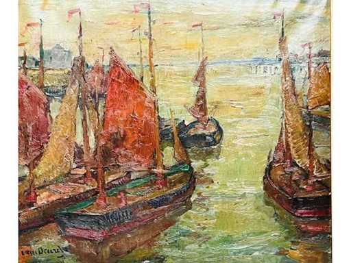 Alphonse Van Beurden - boats at the quay in Antwerp - oil on canvas