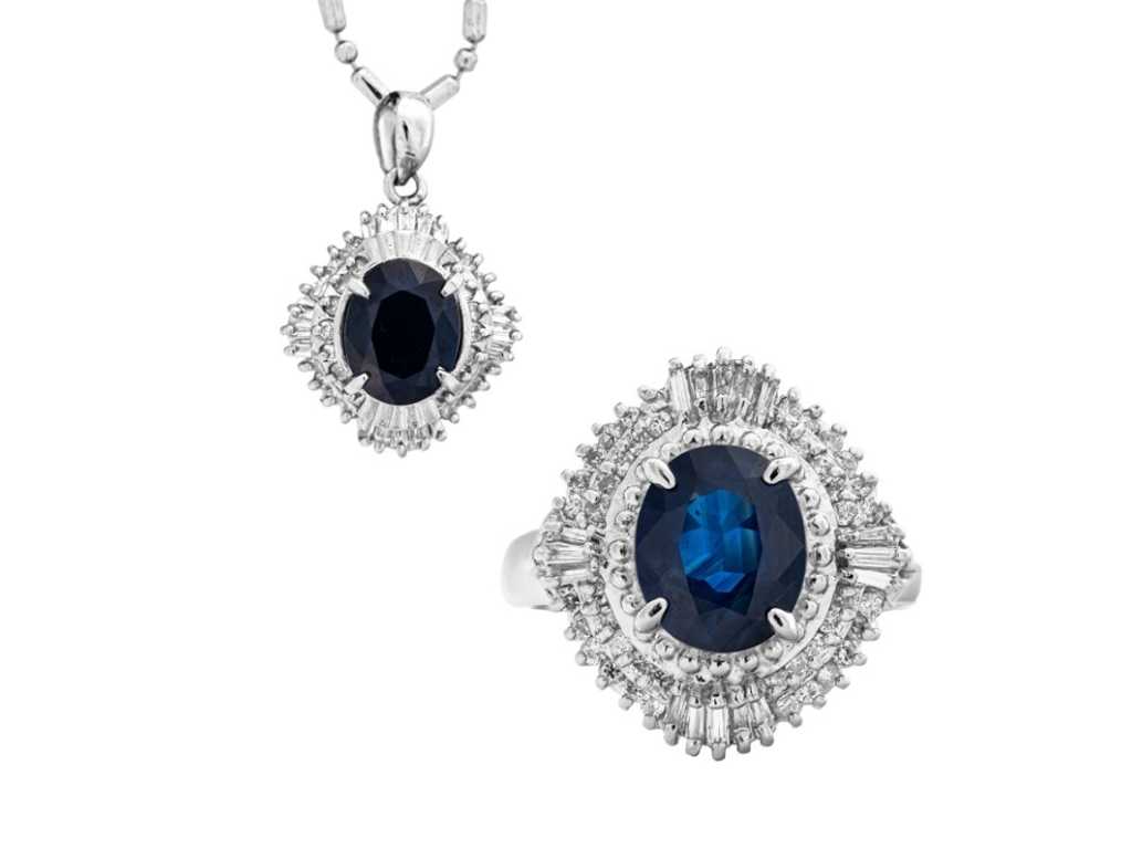 Bague et pendentif de luxe bleu saphir naturel 5,22 carats