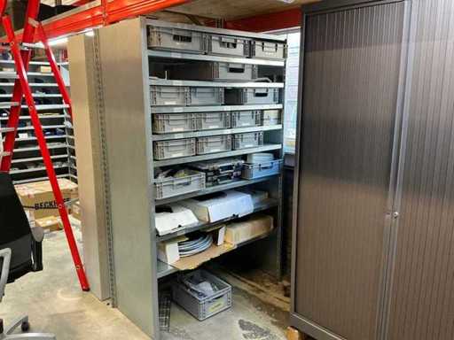 Shelving with various robot parts