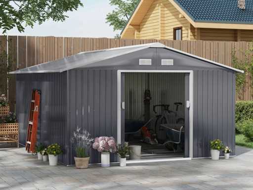 Metalen tuinschuur van 3,35m x 3,96m, opslagruimte met dubbele afsluitbare fietsdeur, tuingereedschap, donkergrijs