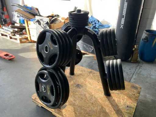 Disques Lifemaxx 50 mm avec rack 2x20 kg ; 13x10kg ; Multi-gym 7x5kg