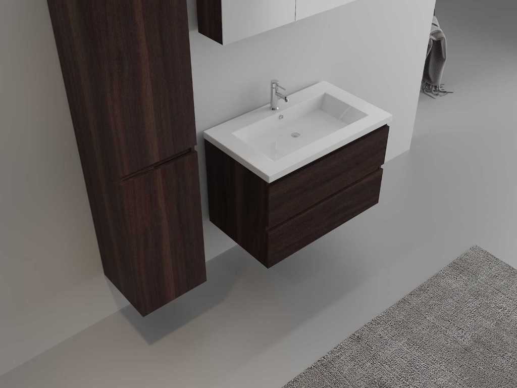 Meuble de salle de bain 1 personne 80 cm décor bois foncé - Robinetterie incluse