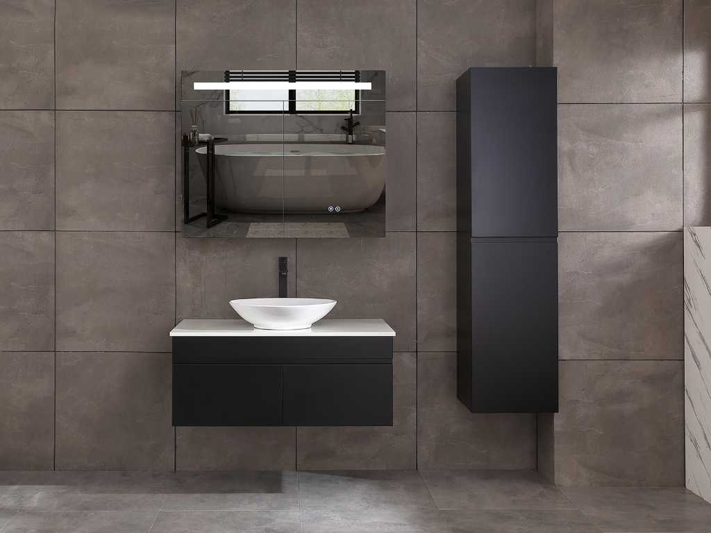 Meuble de salle de bain 100cm avec armoire de toilette et (meuble suspendu) noir mat