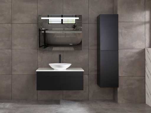 Meuble de salle de bain 100cm avec armoire de toilette et (armoire suspendue) noir mat