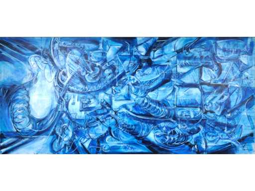 Rik Lina – Phaysalia-polis, The Floating City - olie op doek - 300×140 cm