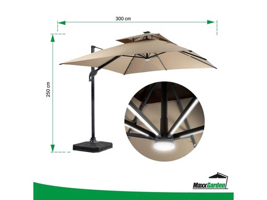 MaxxGarden Floating Parasol Naples - Luxury - With LED solar - 300cm square - including base and cover - Taupe