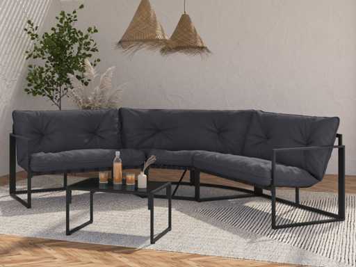 Hoektuinmeubelen - 6 zitplaatsen in staal met grijze kussens