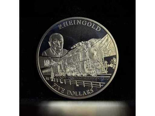 2001 Liberia 5 Dollars Rheingold Dampflokomotive Legenden der Schiene Silbermünze Zertifikat Gratis EU-Versand