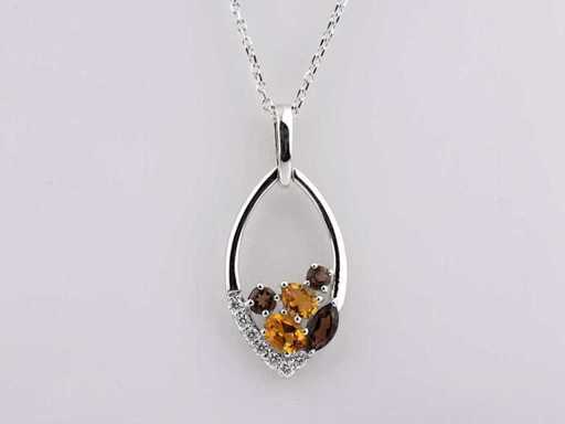 14 KT White Gold Necklace with Pendant With Natural Diamond and Smoky Quartz and Citrine