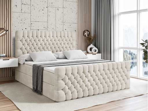 Lit boxspring 160x200 -matelas - surmatelas - coffre - velours beige