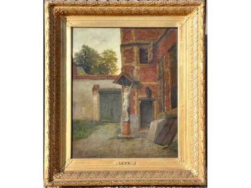 Henri Leys - Binnenplaats met beeldhouwwerk - Olie op doek - 66x55 cm