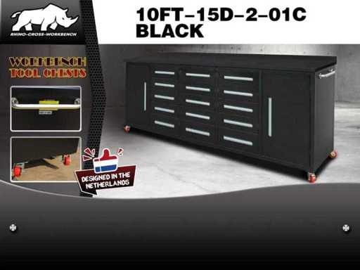 Rhino-Cross-Workbench 10ft-15D-2-01C Schwarze Werkbank 15 Schubladen, 2 Türen