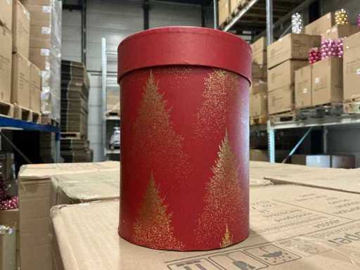 Partij ronde geschekdozen met deksel D13x17cm christmas trees (432x)