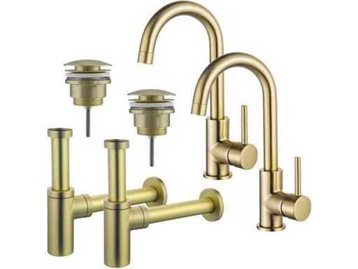 Jeu de robinet pour lavabo - double évier - robinet haut - bec pivotant - bouchon d’évacuation à clic - siphon de conception - PVD en laiton brossé (or)