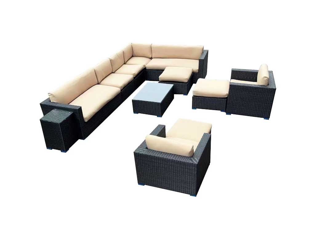 Lounge set 12-piece Black wicker / sandy cushions