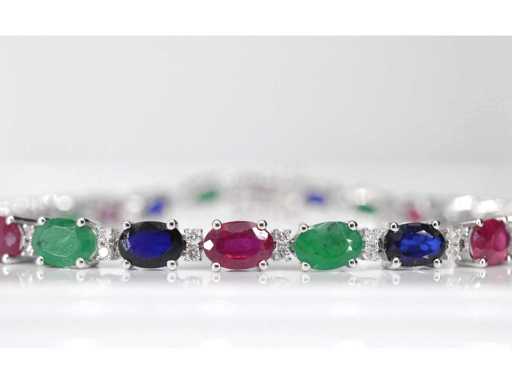 White gold tennis bracelet with diamonds, sapphire, ruby and emerald