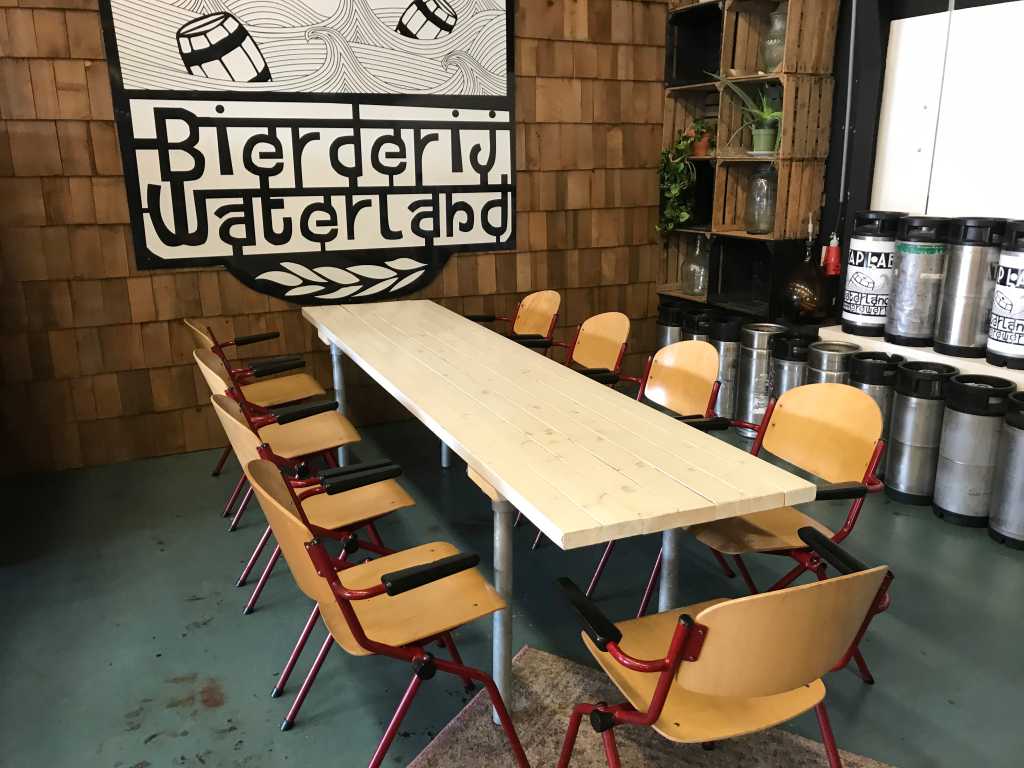 Restaurant table including 9 restaurant chairs