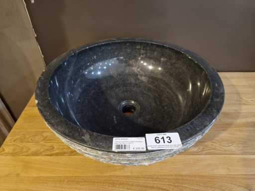 Lavabo en pierre bleue en teck, diamètre rond 45 x H18 cm ciselé