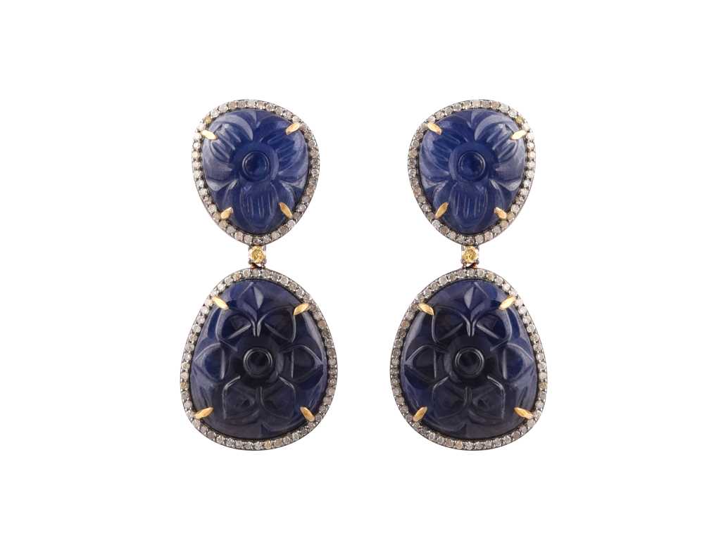 Boucle D’oreille Or 14 Carats Et Argent Avec Diamants Naturels Et Saphir Bleu