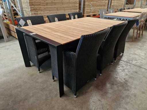 Table de jardin Azur - Alu Bellevue Black 202 x 100cm + Étagères larges en teck