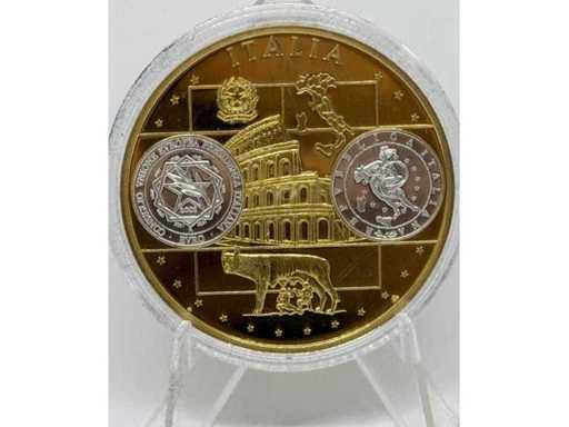 Médaille commémorative en cuivre plaqué or et argent – motifs italiens européens, 40 mm de diamètre.