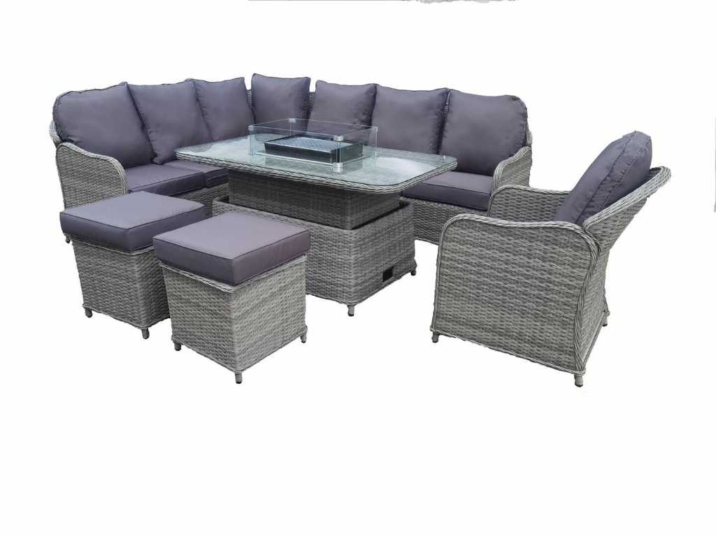 Lounge set 3-piece brown wicker / dark blue cushions