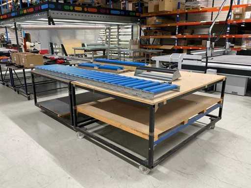 Work tables with roller conveyors