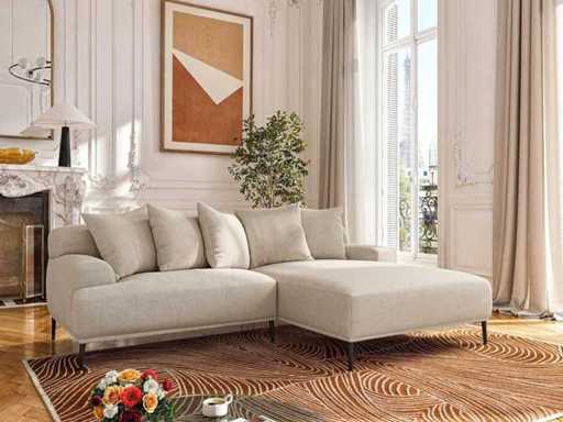 Cotton and linen right corner sofa with feather trim - Beige