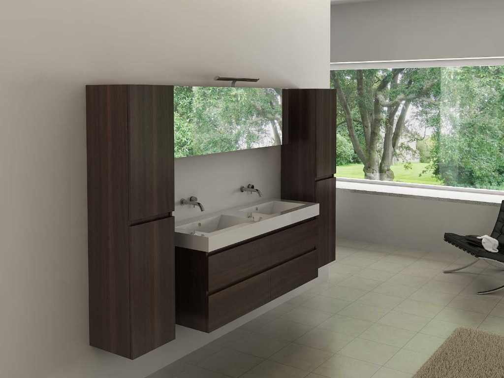 Meuble de salle de bain 2 personnes 140 cm décor bois foncé - Robinetterie incluse