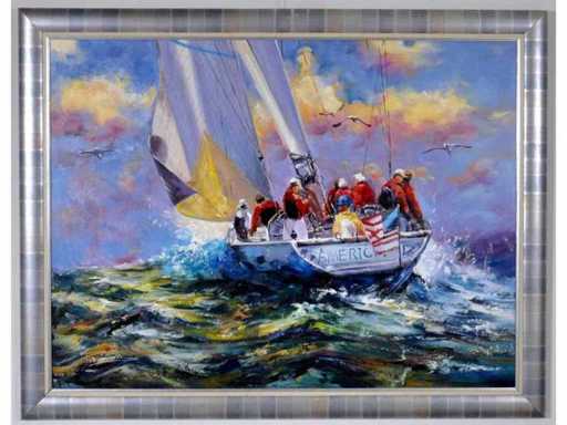 Antonio Palmieri – Zeilboot op zee - olie op doek - 90x120 cm