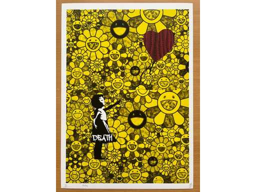 DEATH NYC: Ragazza di Banksy con palloncino e fiori di Murakami