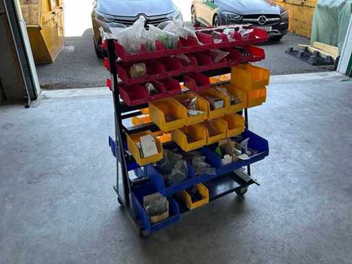 Shelf with stacking boxes and contents