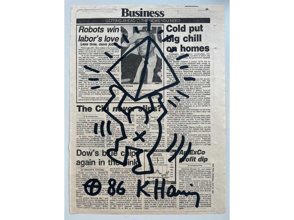 KEITH HARING 1986 DISEGNO ORIGINALE DAILY NEWS