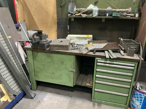 Workbench & workshop shelf, with contents