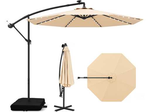 3x3M Cantilever Parasol, 40 LED Solar Outdoor Garden Parasol with 2 Sandbags