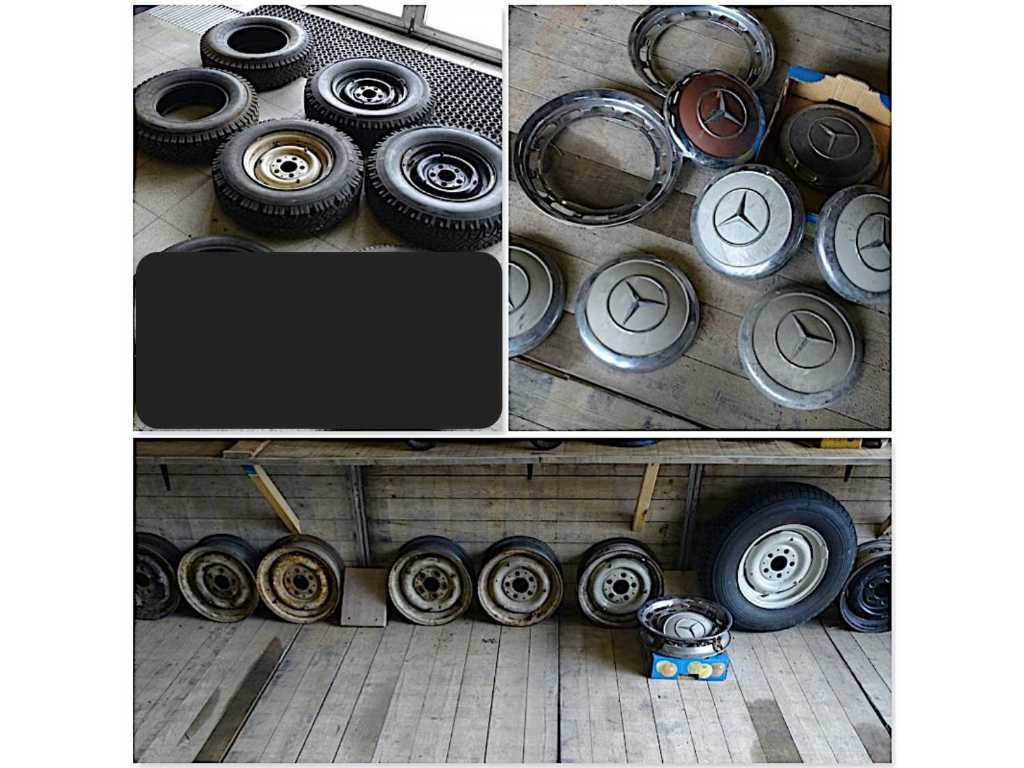 Collezione di vari pneumatici e cerchi d'epoca