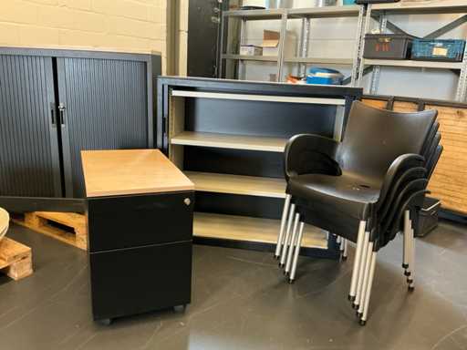 3X kantoorkast (1x 1200x460x1070, 1x 1200x450x1065, 1x 430x780x640mm)4x stoel