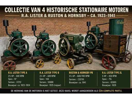 Sammlung von vier englischen stationären Lokomotiven – R.A. Lister & Ruston & Hornsby (ca. 1923–1941)