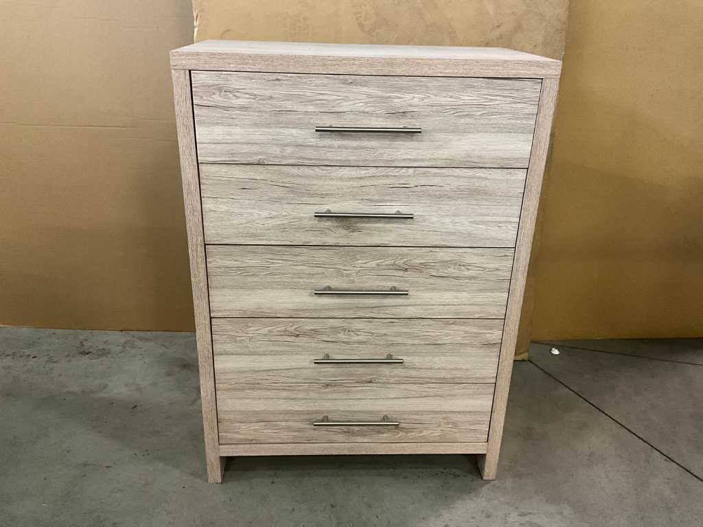 Argos Cabinet 5-drawers 113x80x45 (new in box) PLEASE NOTE, color is: Smokey Oak