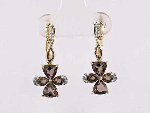 14 KT Yellow Gold Earring With 2.21 Cts  Natural Diamond and Smoky Quartz