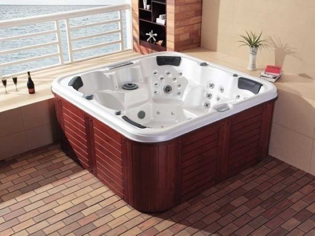 6 Persons Outdoor Spa 208x208 cm - White bath / Red wooden color side
