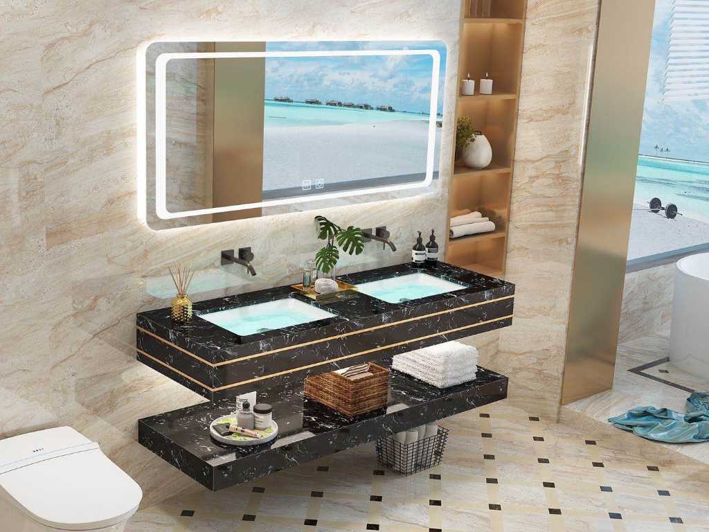 Meuble de salle de bain duo 2 pièces noir-marbre. Avec miroir LED et robinetterie murale (120cm)